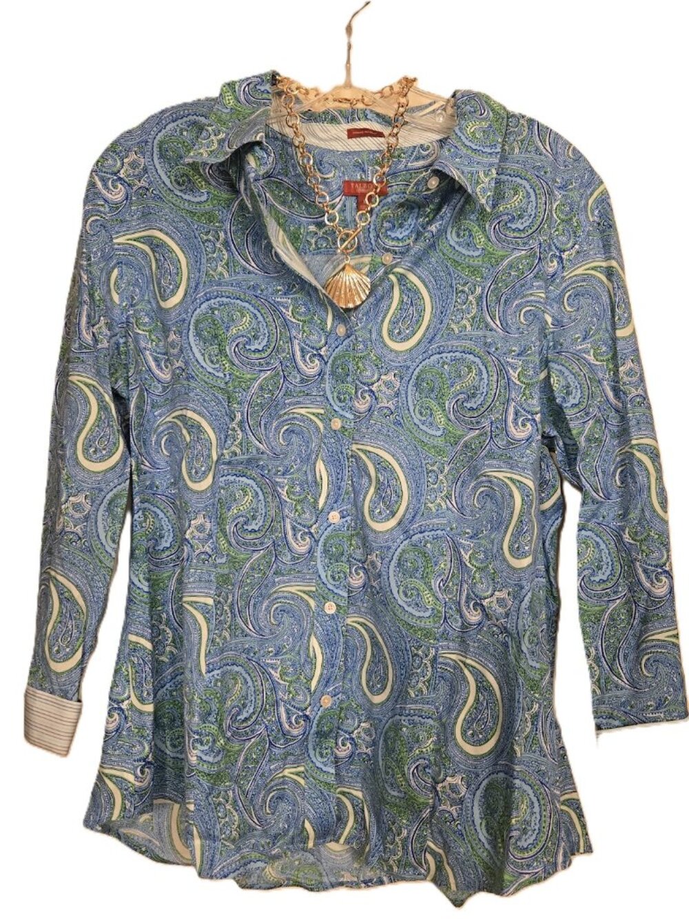 TALBOTS Blue Paisley Button Roll Tab Top Shirt Career Work Wrinkle Resistant